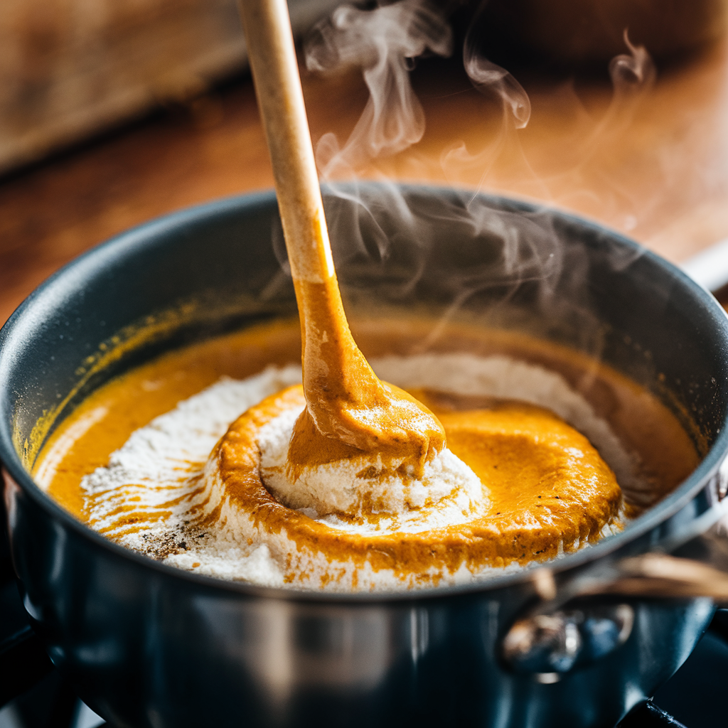 A close-up of a saucepan with melted butter, flour, and curry powder being stirred into a smooth golden roux.