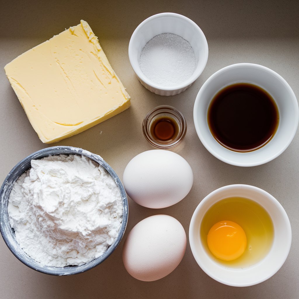 Essential ingredients for making buttercream, including unsalted butter, powdered sugar, eggs, and vanilla extract, arranged neatly on a countertop.