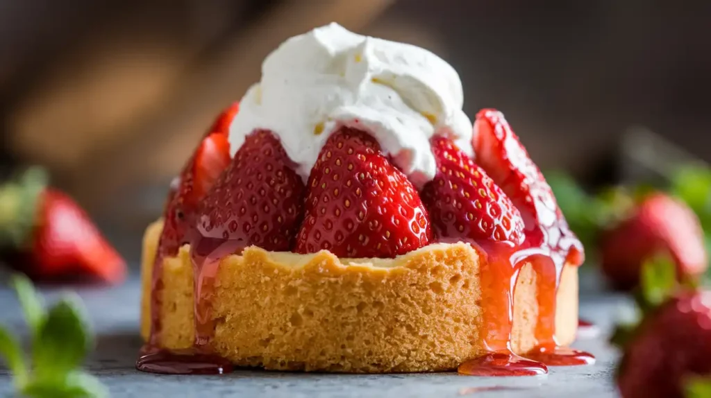 A close-up of a freshly baked strawberry shortcake topped with juicy strawberries and whipped cream, showcasing the dessert's golden crumbly texture and vibrant fruit.