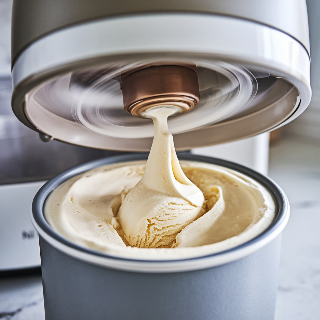 A close-up of the Ninja Creami machine in action, spinning creamy vanilla ice cream inside a pint container.