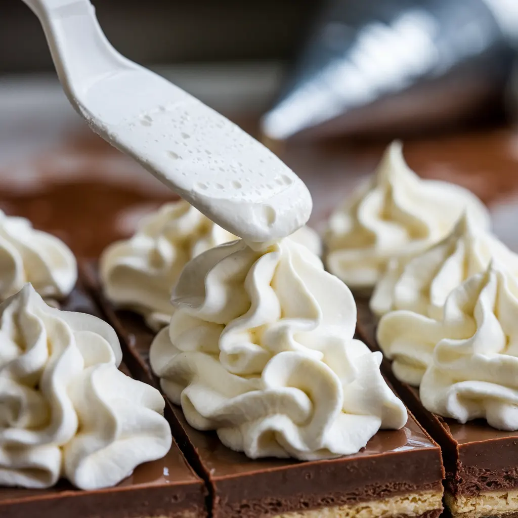 A spatula spreading soft, fluffy whipped cream over the chocolate filling.