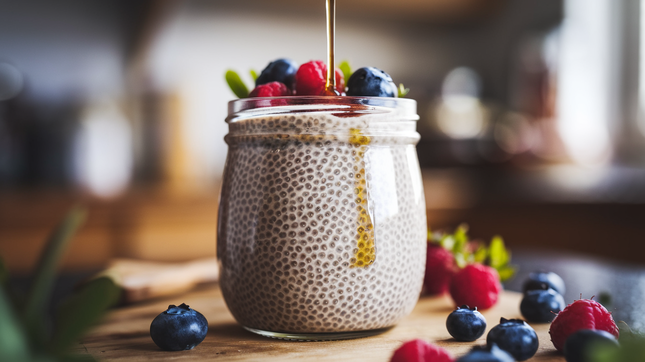 A close-up view of a creamy chia pudding in a glass jar, topped with fresh berries and a drizzle of honey, highlighting the texture of the soaked chia seeds.