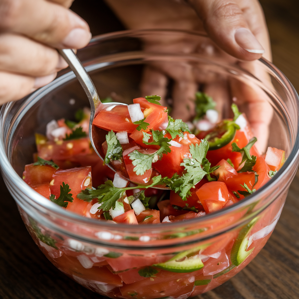 Close-up of a hand mixing freshly made pico de gallo in a glass bowl with a spoon, showing vibrant diced tomatoes, onions, and cilantro.