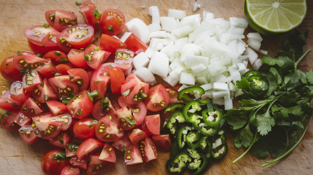 Close-up of freshly chopped ingredients for pico de gallo, including diced tomatoes, onions, jalapeños, and cilantro on a wooden cutting board.