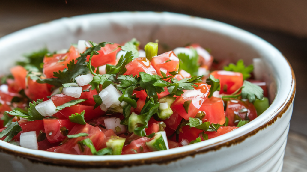 Close-up of freshly made pico de gallo in a white ceramic bowl, showing diced tomatoes, onions, cilantro, and jalapeño peppers with fresh lime juice.