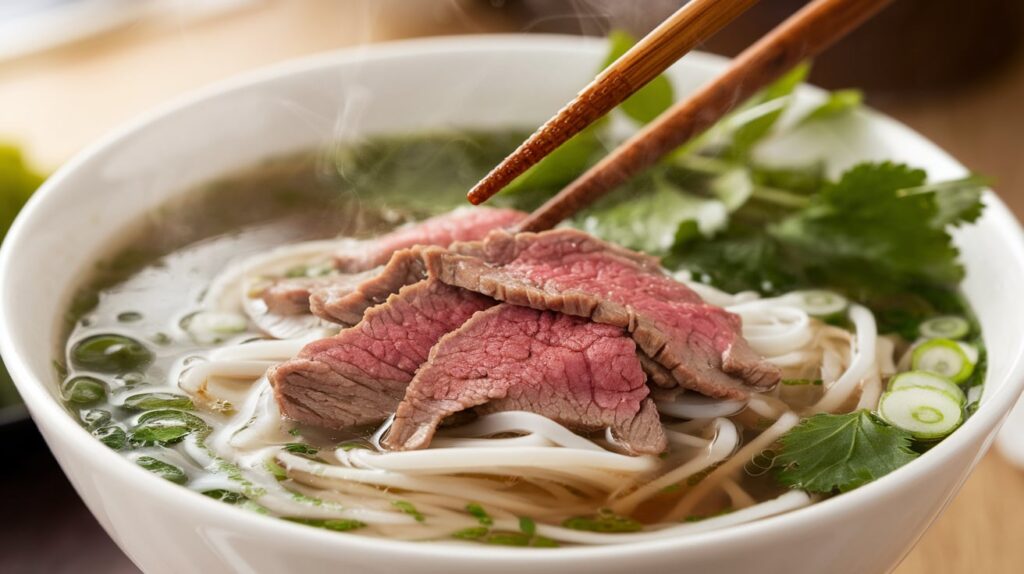 A close-up of a steaming hot bowl of Vietnamese pho with thinly sliced beef, rice noodles, and fresh herbs, captured in an intimate dining setting.