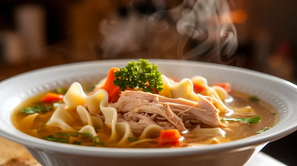 A steaming bowl of slow cooker chicken noodle soup with shredded chicken, egg noodles, and fresh parsley in a golden broth.