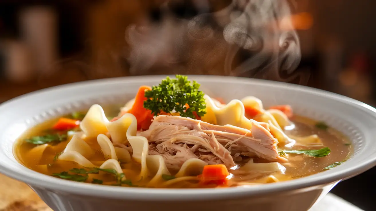 A steaming bowl of slow cooker chicken noodle soup with shredded chicken, egg noodles, and fresh parsley in a golden broth.