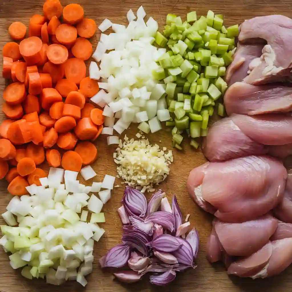 Freshly chopped carrots, celery, onions, garlic, and raw chicken pieces on a wooden cutting board for slow cooker chicken noodle soup.