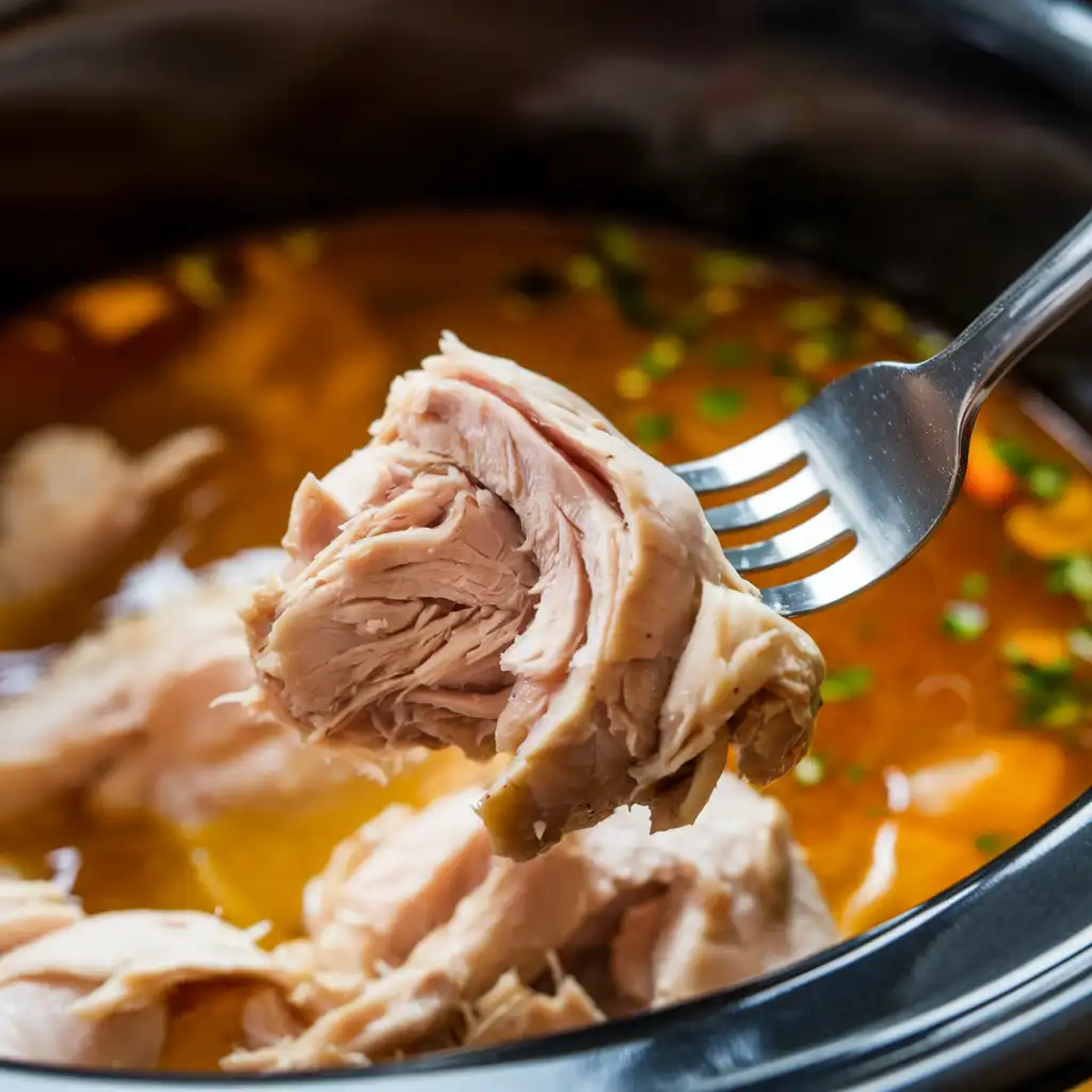 Shredded tender chicken in a slow cooker, ready to be added back into the broth for slow cooker chicken noodle soup.