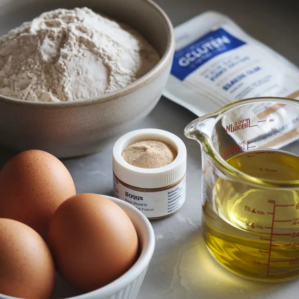 Highly zoomed-in view of gluten-free bread ingredients on a kitchen counter, including a bowl of gluten-free flour, yeast packet, xanthan gum jar, eggs, olive oil, and warm water in a measuring cup.