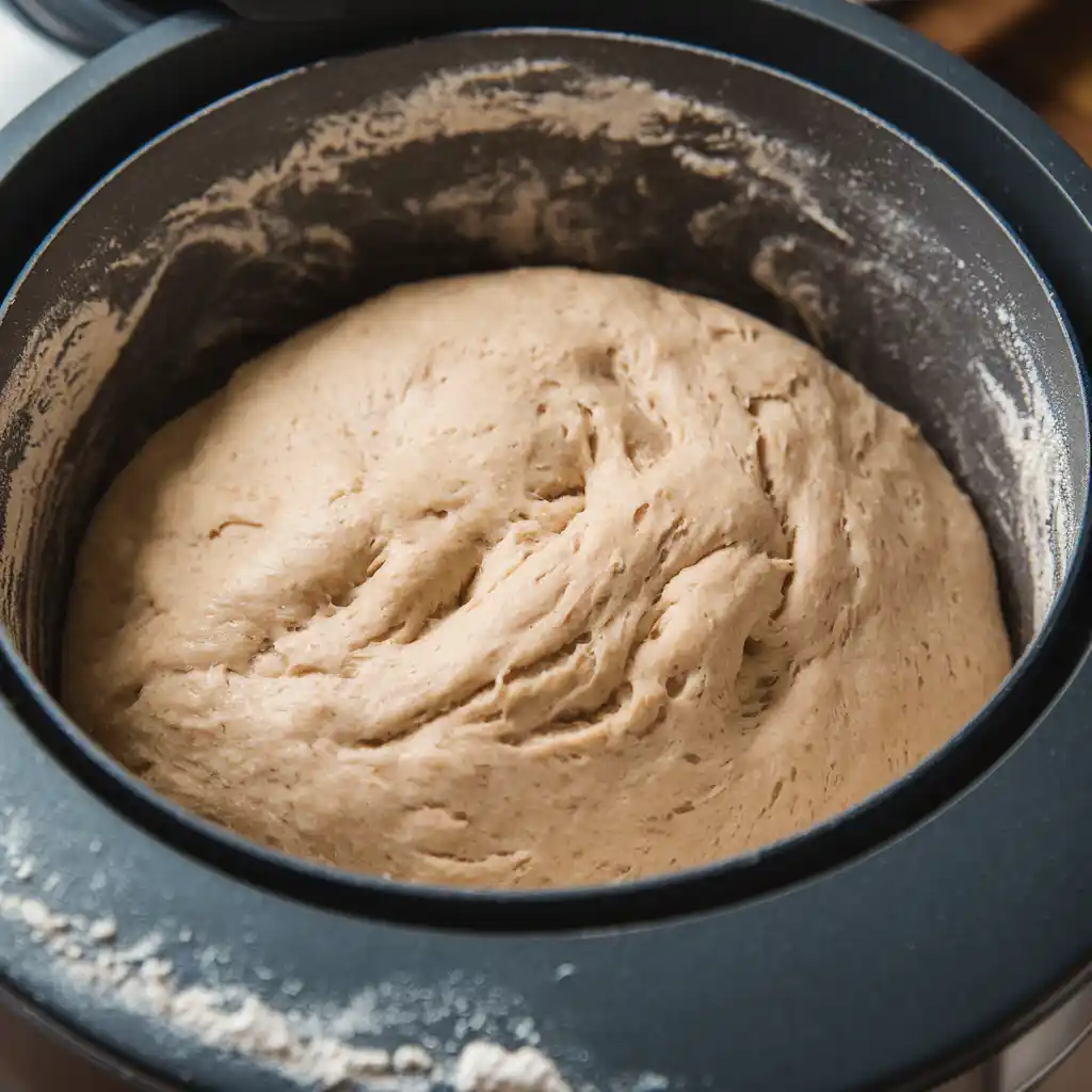 Close-up of a bread machine kneading gluten-free dough, showing the paddle mixing the dough into a smooth consistency with flour dusted on the pan edges.