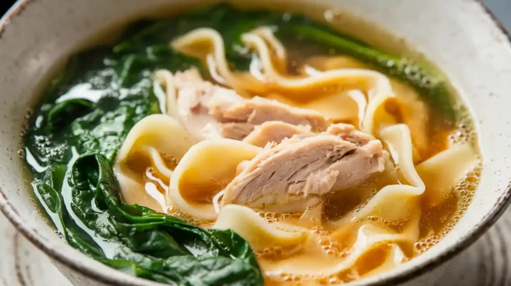 Close-up photo of a steaming bowl of secret ingredient noodle soup with chicken, noodles, and spinach, showcasing the final outcome of the recipe.