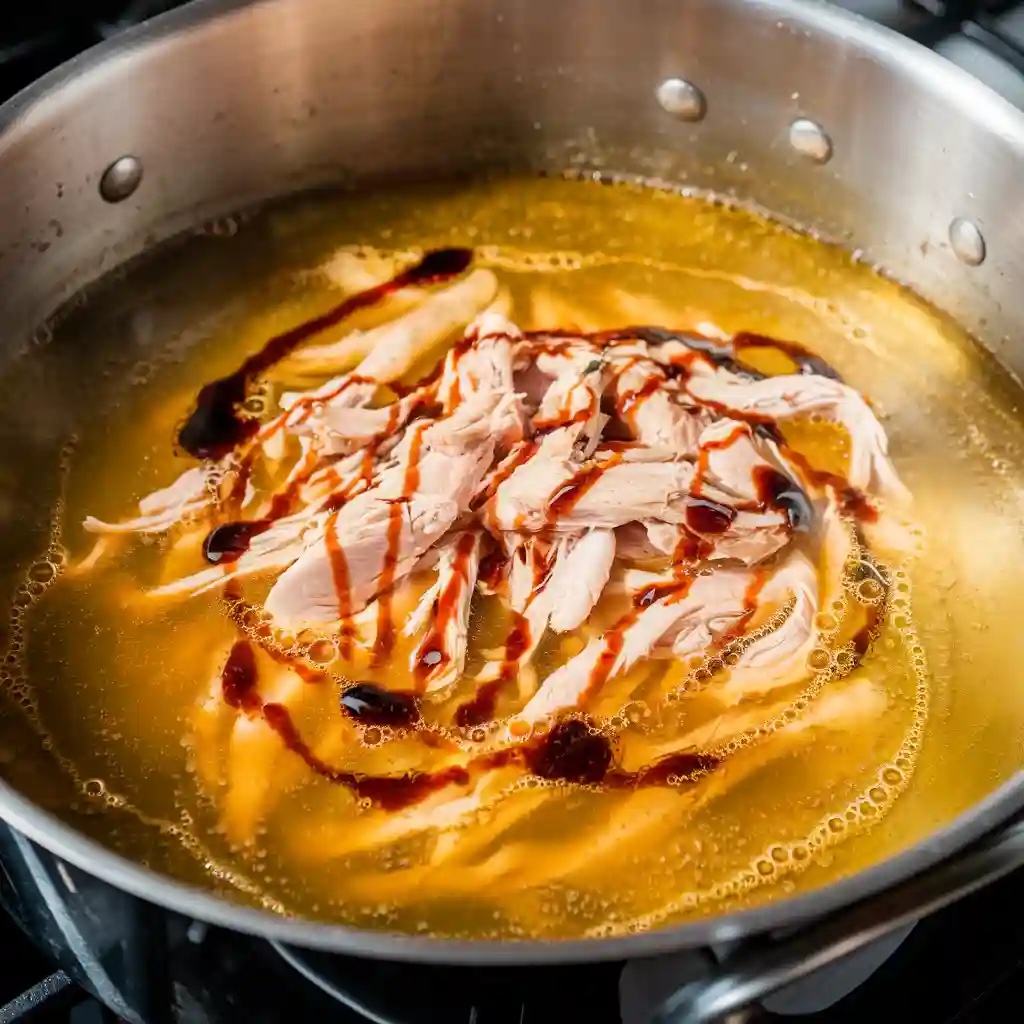 Close-up shot of chicken broth with shredded chicken and soy sauce simmering in a pot, part of the preparation process for secret ingredient noodle soup.