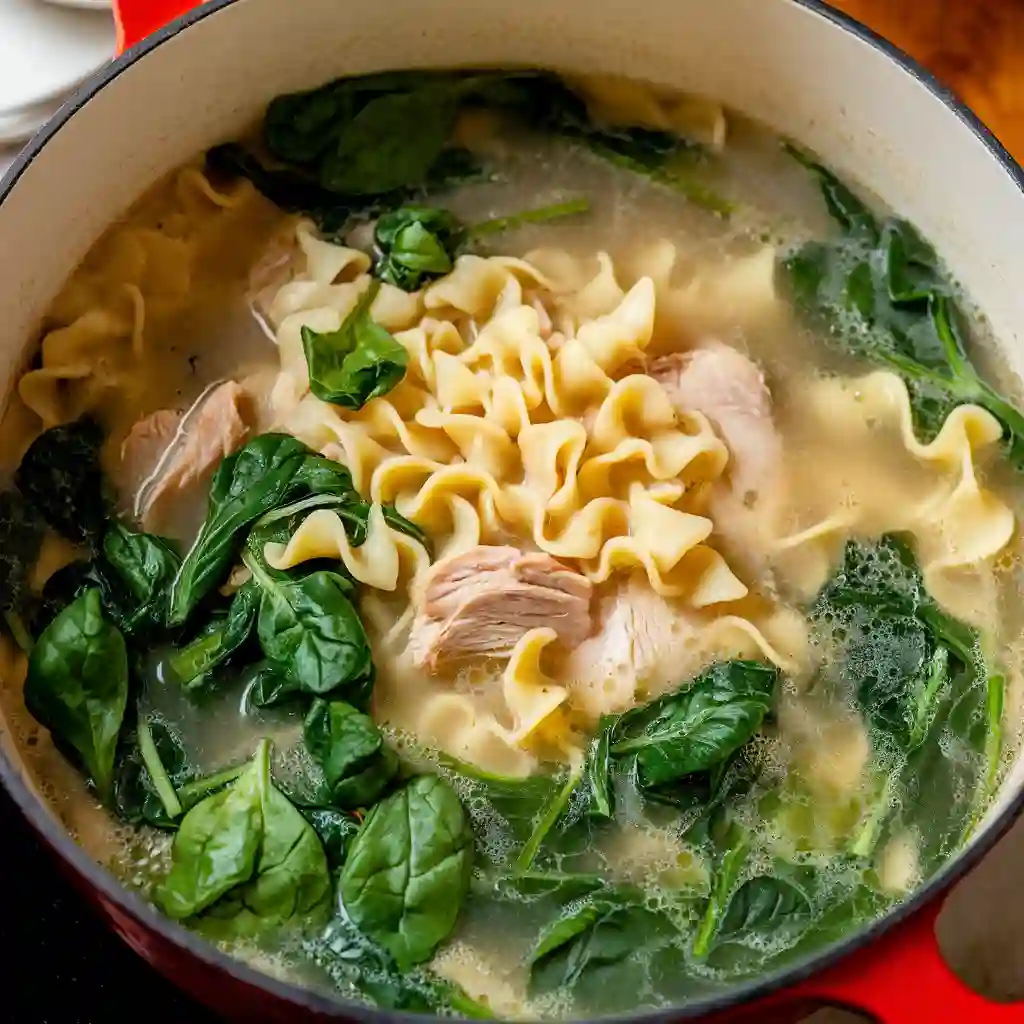 lose-up shot of fresh spinach and noodles being added to simmering chicken noodle soup, part of the advanced preparation for secret ingredient noodle soup.