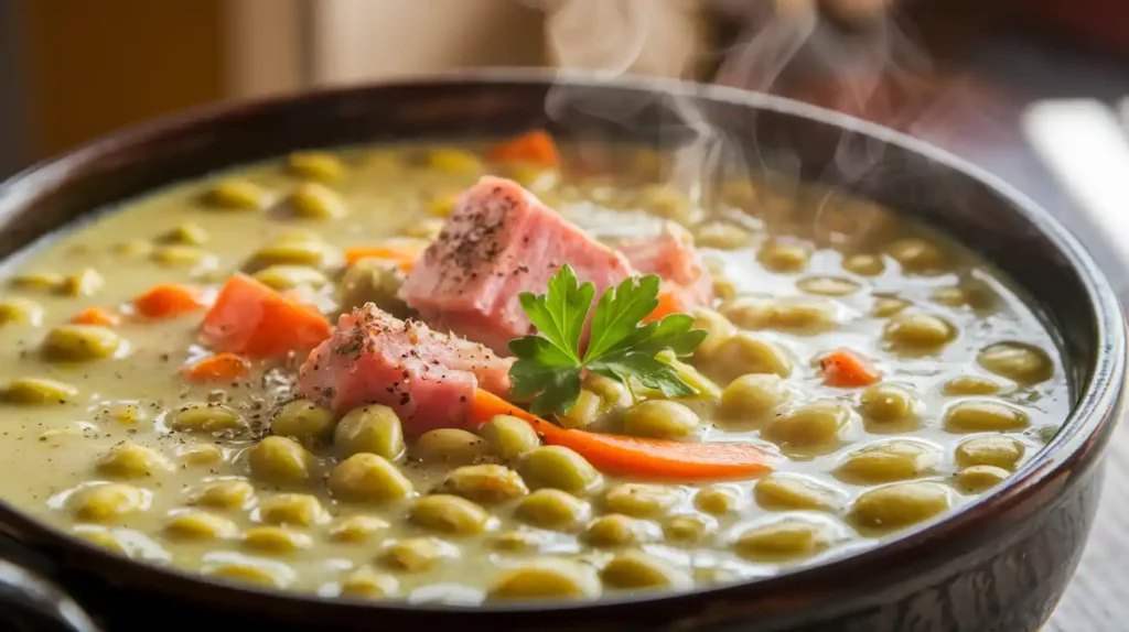 Close-up photo of a bowl of split pea soup with ham, carrots, and green split peas, showcasing the final outcome of the recipe.