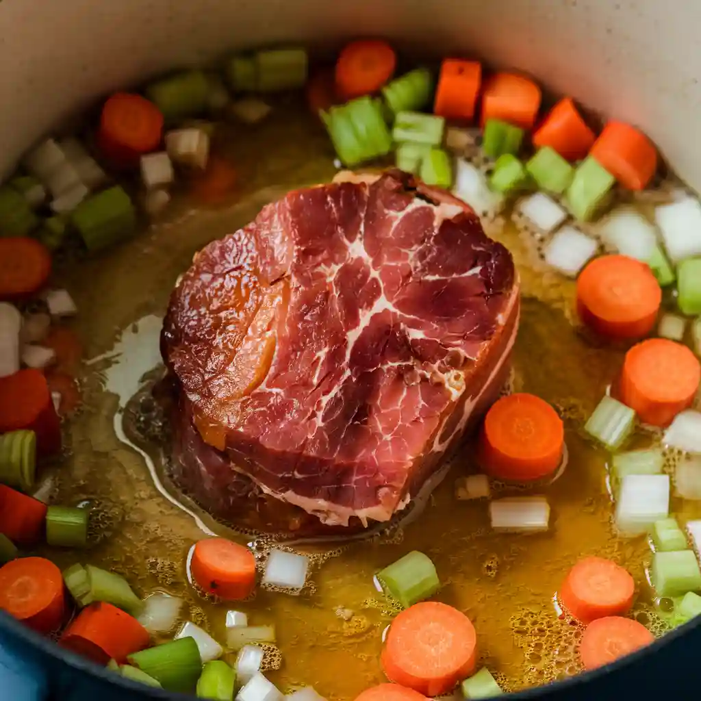 Close-up shot of vegetables and smoked ham hock simmering in a pot for split pea soup, part of the recipe preparation process.