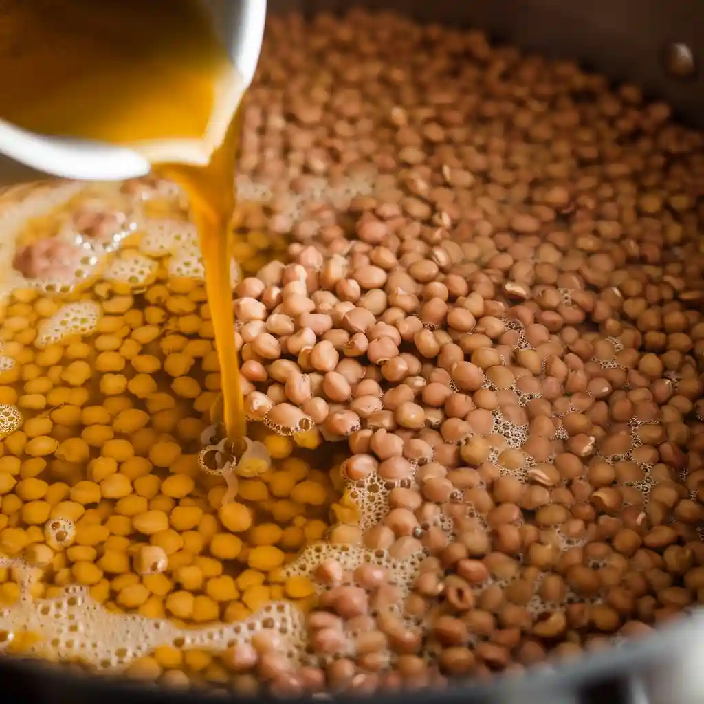 Close-up shot of split peas and golden broth being added to a pot for split pea soup, part of the advanced preparation step.