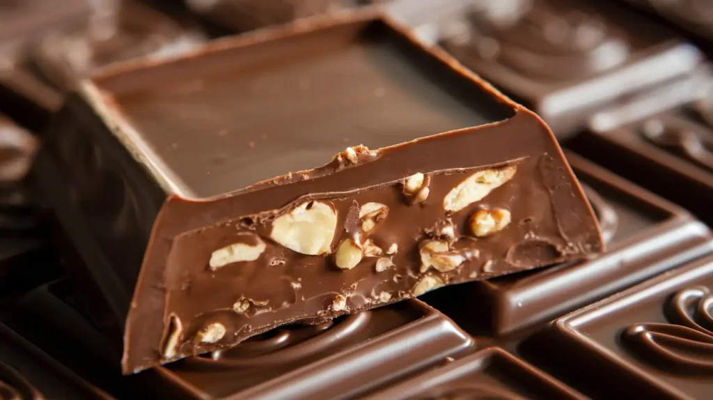 Close-up of a finished Willy Wonka chocolate bar, showcasing its glossy texture and creamy interior, highlighting the final outcome of the recipe.