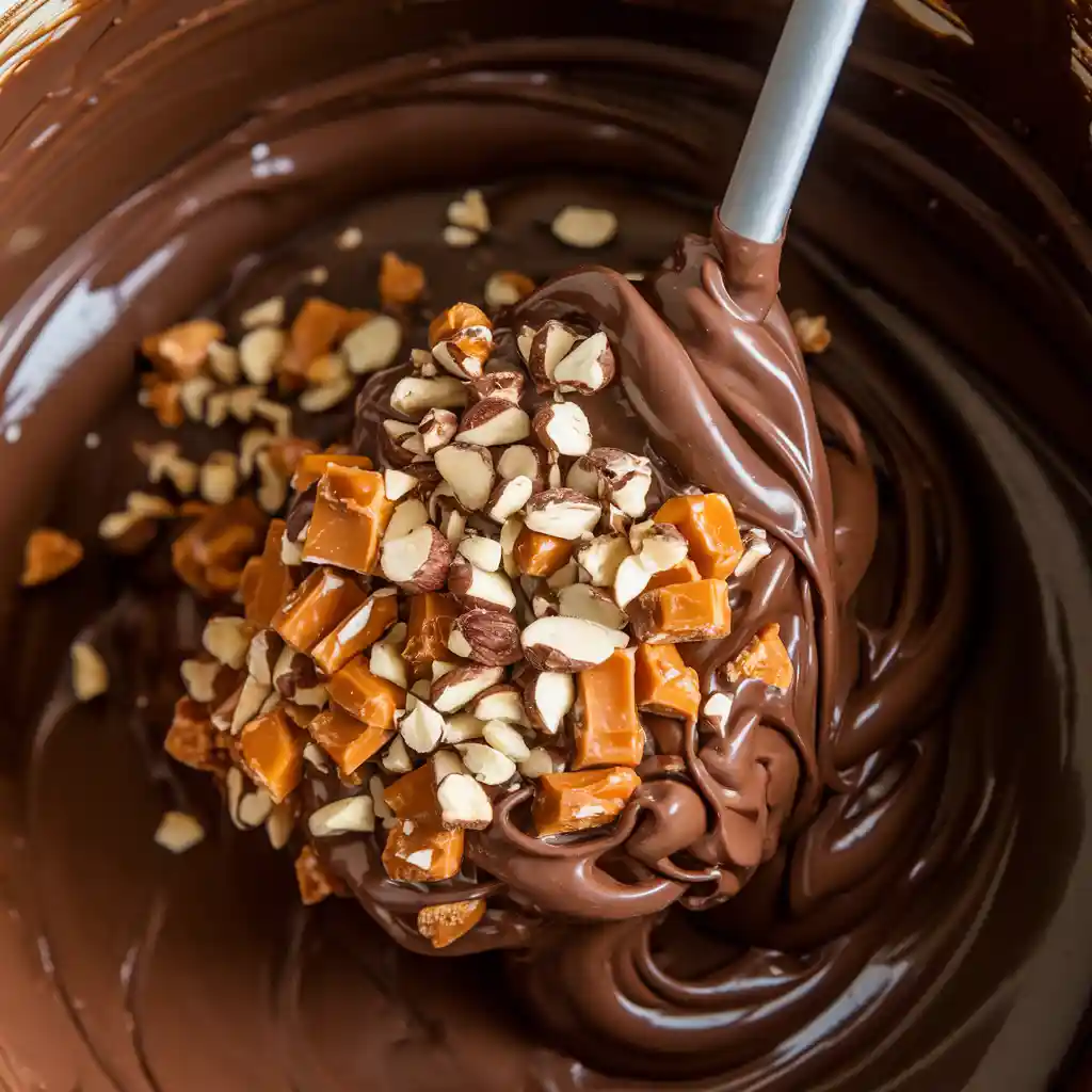 Close-up of chopped nuts and caramel being stirred into the chocolate mixture for Willy Wonka chocolate bar, part of the advanced preparation step.