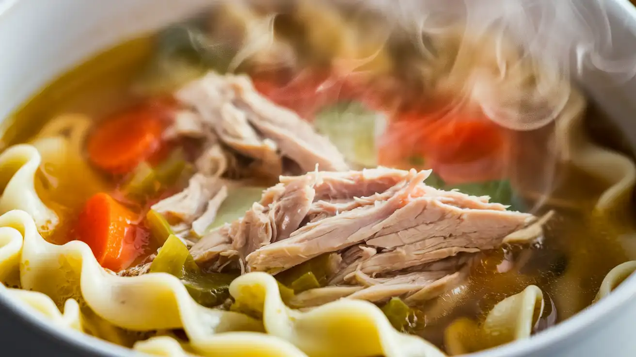 Homemade chicken noodle soup in a crock pot with tender chicken, noodles, and vegetables.