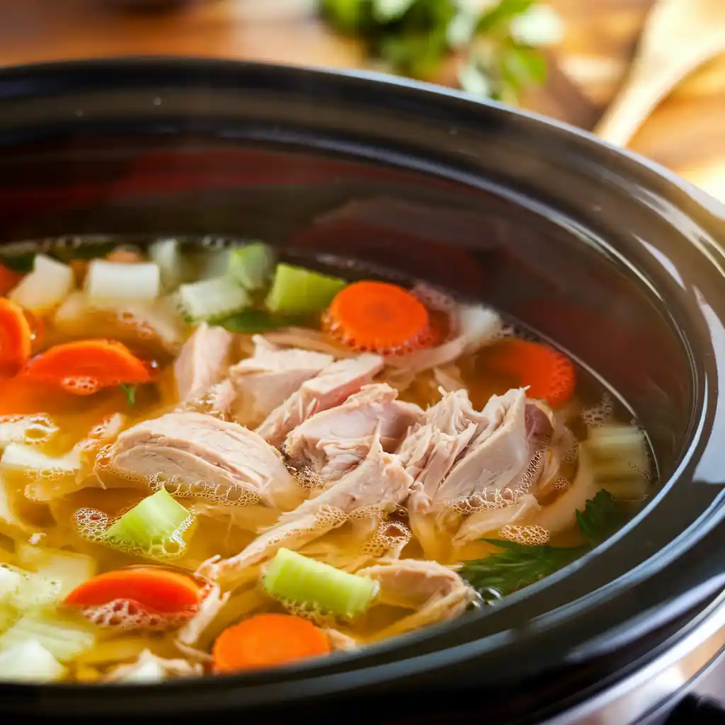 Slow cooker filled with simmering broth, shredded chicken, and fresh vegetables for homemade chicken noodle soup.