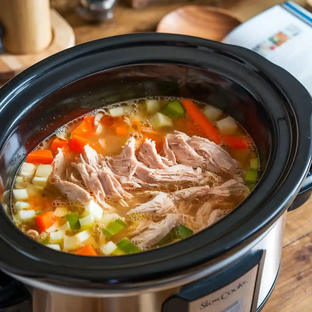 Uncooked egg noodles being added to a crock pot filled with homemade chicken noodle soup.