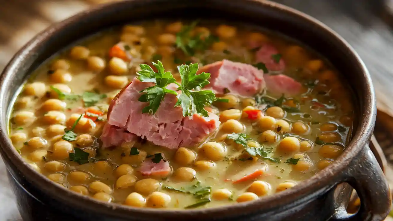 Delicious bowl of split pea soup with ham bone, creamy texture, garnished with parsley and a drizzle of heavy cream.