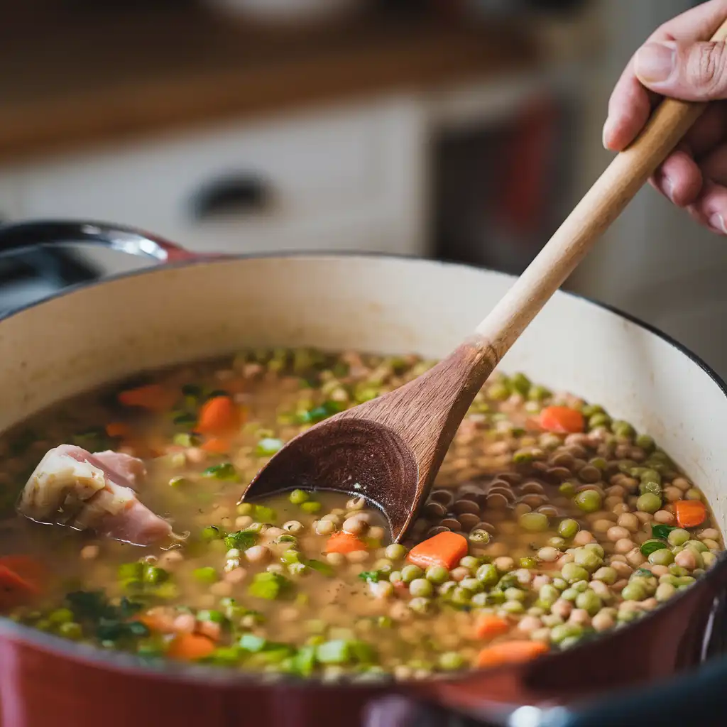 Stirring split pea soup with ham bone in a pot, showing peas, carrots, and celery in the simmering broth