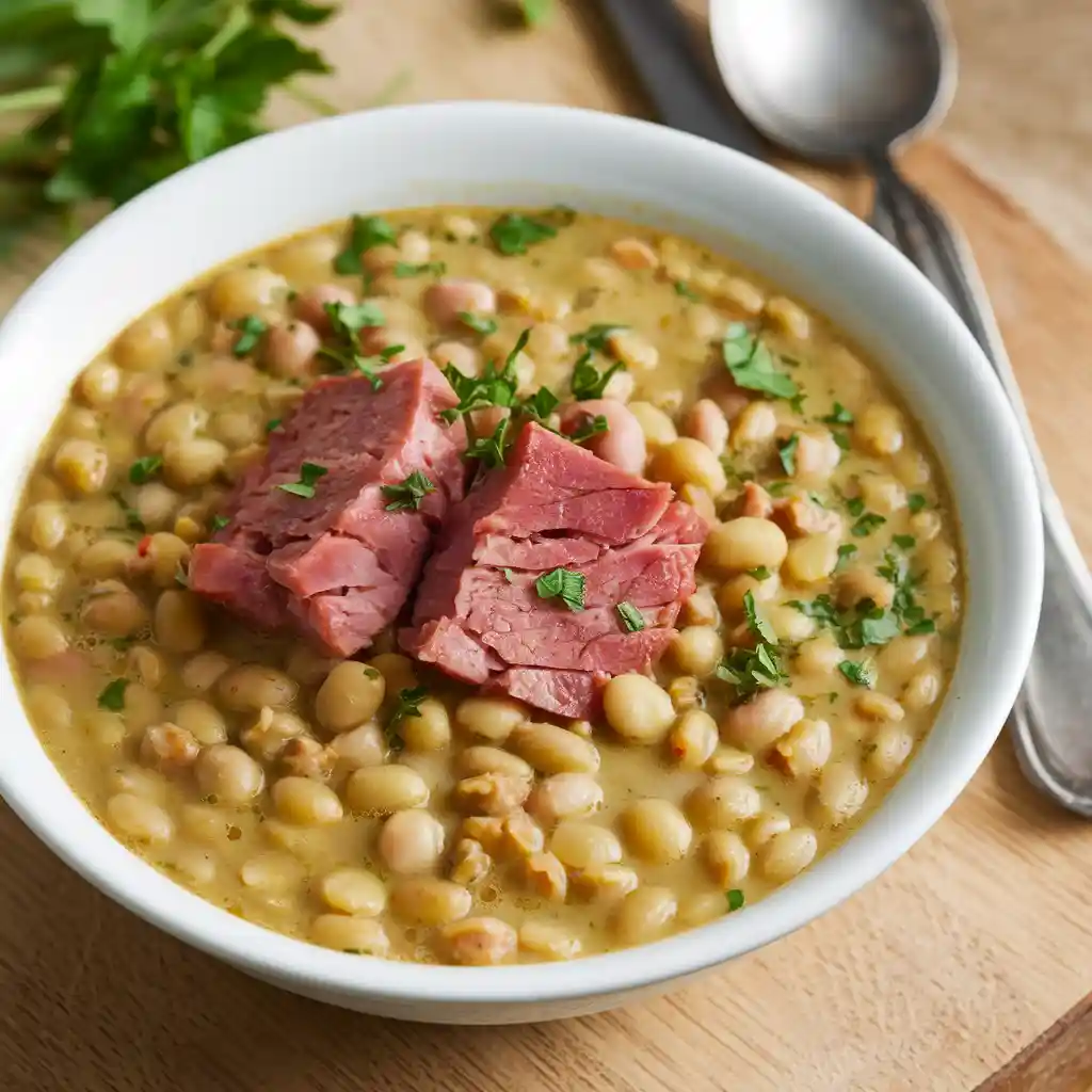 Shredding ham meat from a ham bone for split pea soup, with visible peas and vegetables in the background.