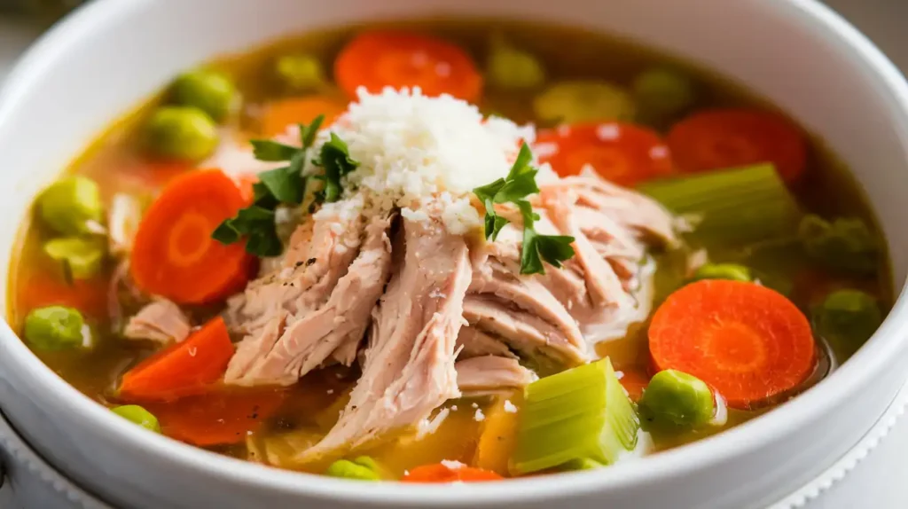 Slow cooker chicken soup final dish, tender chicken, vegetables, and savory broth.