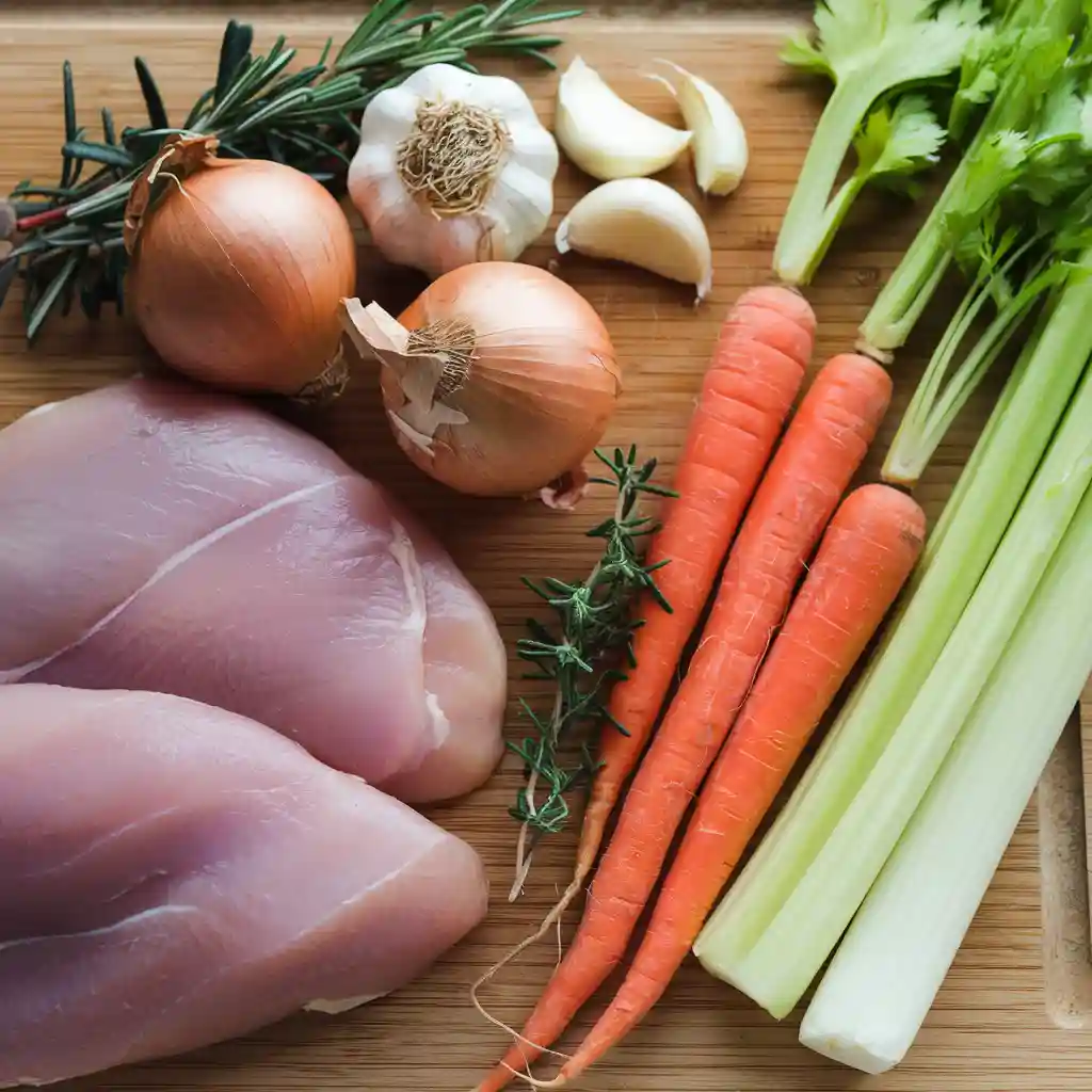 Raw ingredients for slow cooker chicken soup including chicken, carrots, celery, garlic, and herbs.