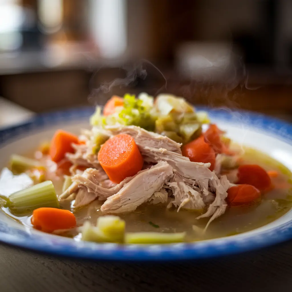 Shredded chicken added to slow cooker chicken soup with vegetables and broth.