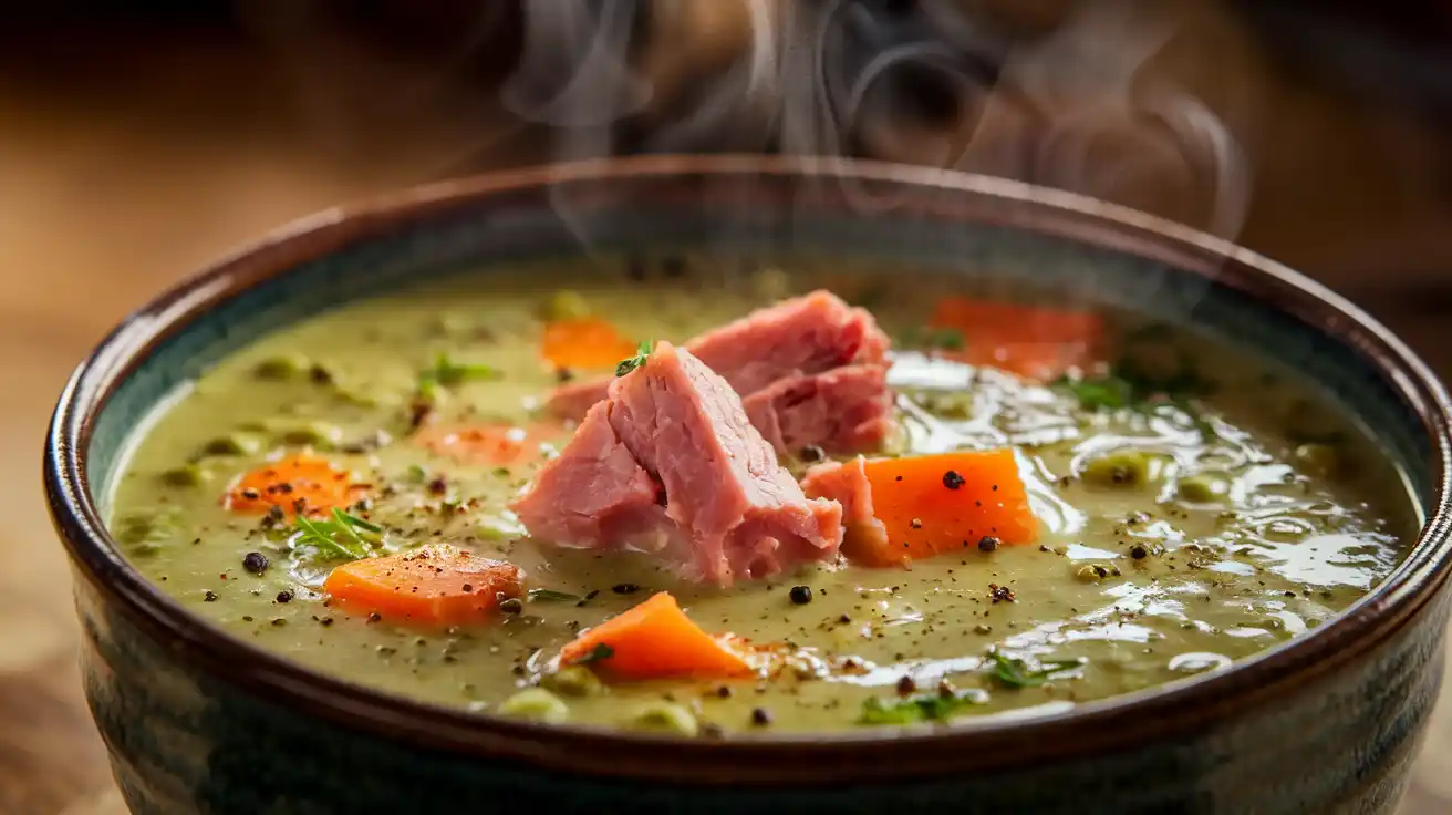 A steaming bowl of thick and creamy pea soup with ham bone, garnished with parsley and black pepper