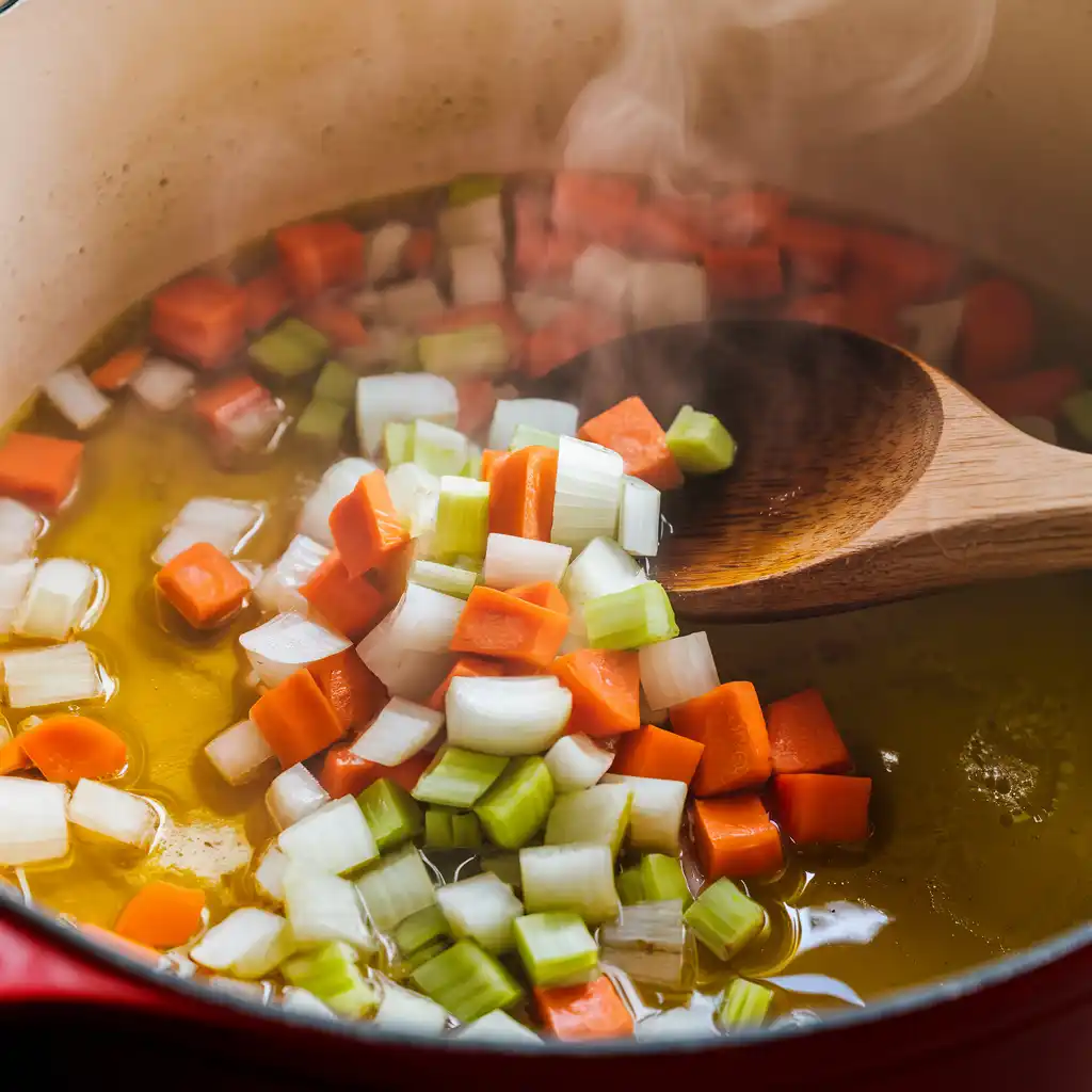 Close-up of diced onions, carrots, and celery sautéing in a Dutch oven for pea soup preparation