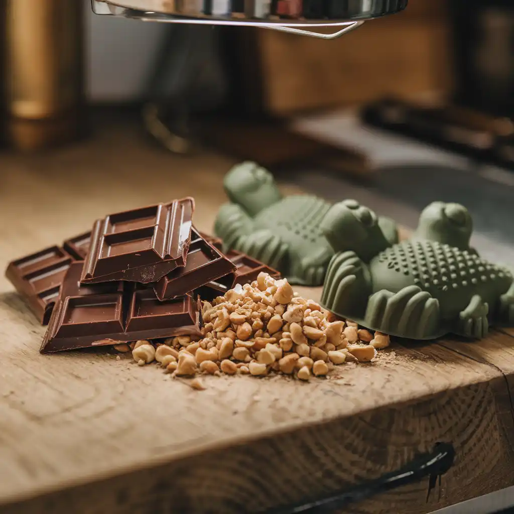 Ingredients for homemade Freddo Frogs: high-quality milk chocolate, crushed hazelnuts, and silicone frog molds.