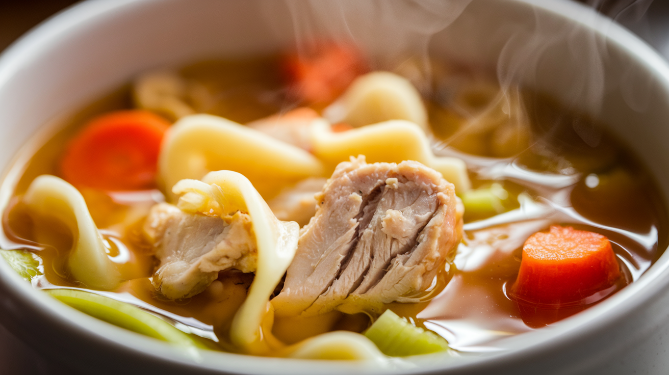 Chick-fil-A chicken noodle soup served in a bowl with chicken, noodles, and vegetables.