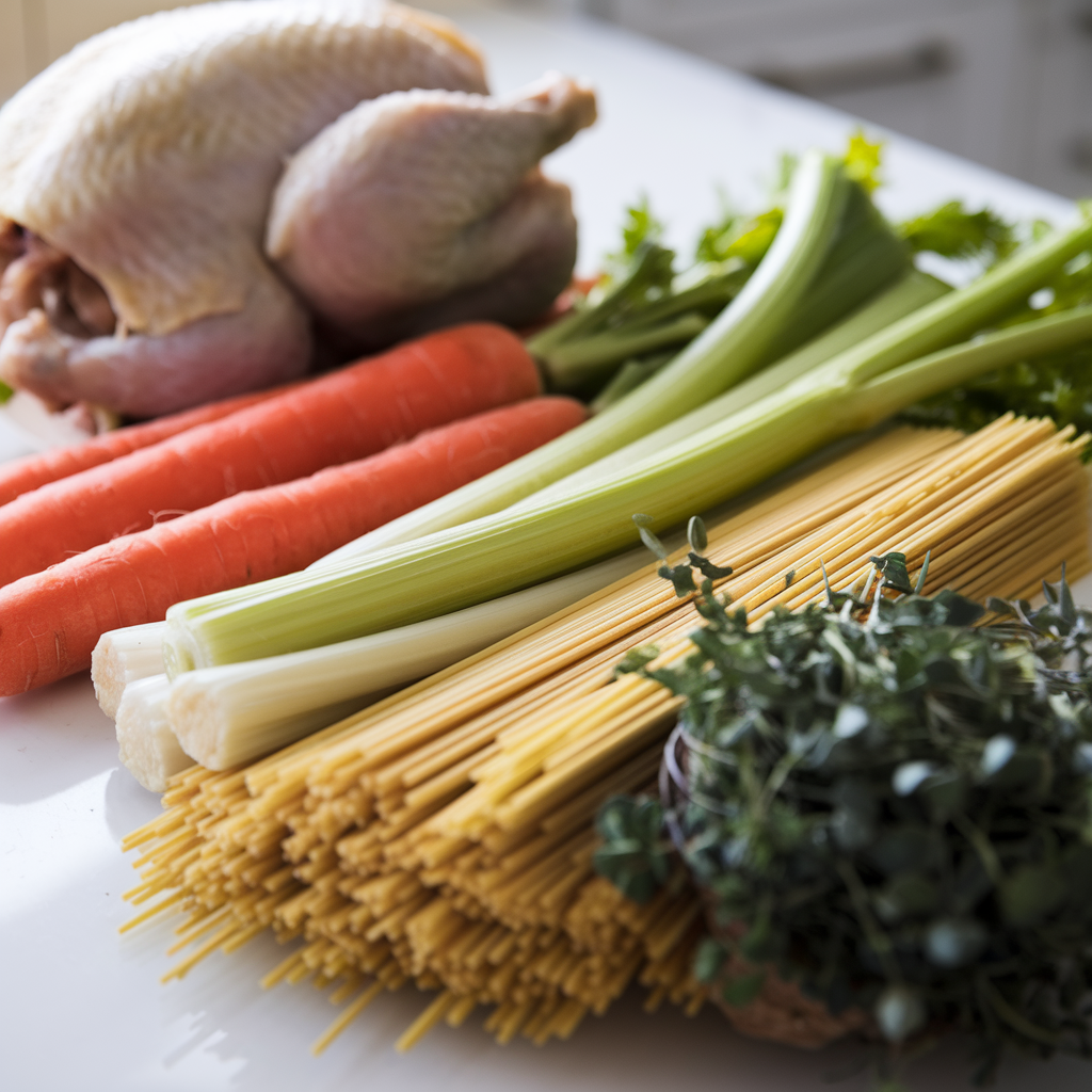 Fresh ingredients for Chick-fil-A chicken noodle soup: chicken, carrots, celery, noodles, and herbs.