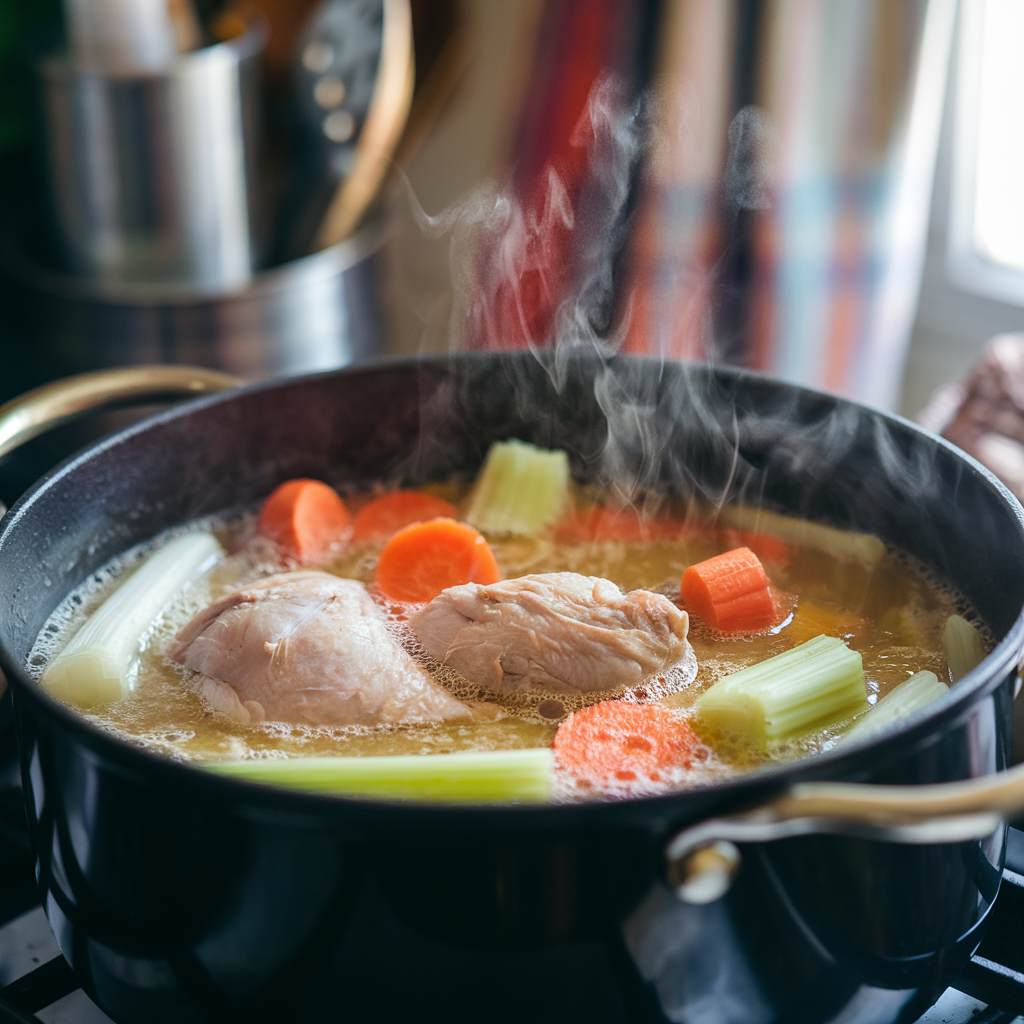 Boiling chicken, carrots, and celery in broth for Chick-fil-A chicken noodle soup.