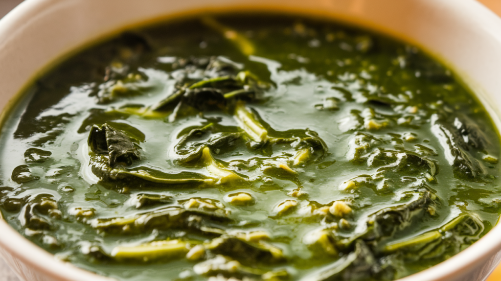 "Spinach soup in a bowl with creamy texture and vibrant green color.