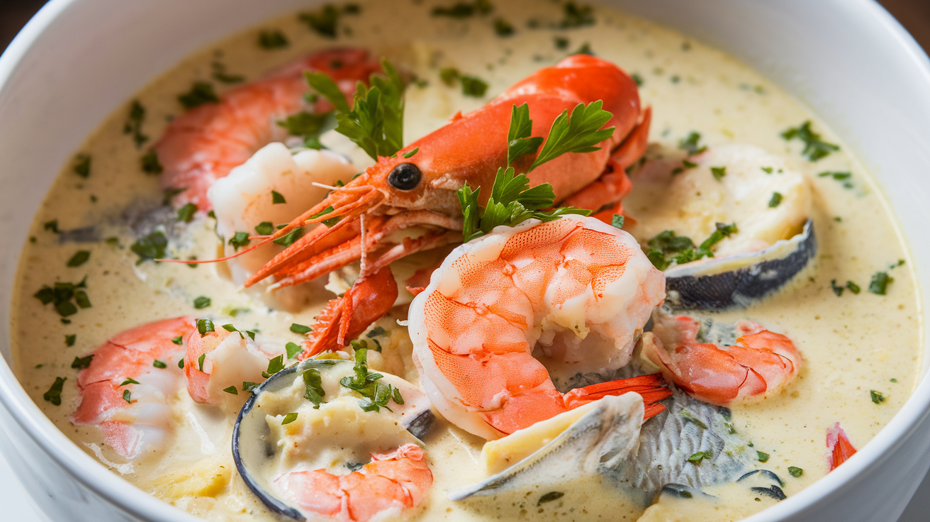 Finished bowl of creamy seafood chowder with shrimp, crab, and fresh parsley garnish.