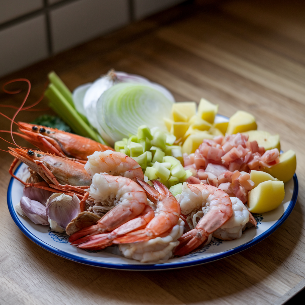 Raw ingredients for seafood chowder: shrimp, crab, fish, onion, celery, garlic, and potatoes.