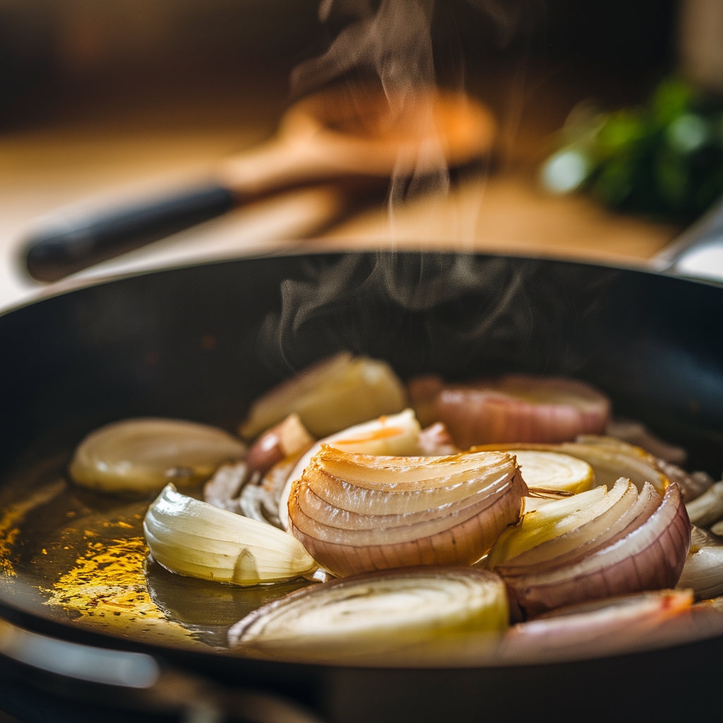 Sautéed onions and garlic in a pan for seafood chowder preparation.