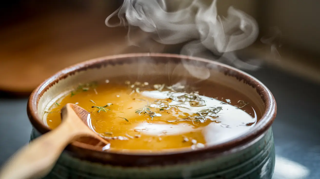 Golden homemade chicken broth in a rustic bowl, showcasing rich flavor and nutrients, perfect for soups and stews.