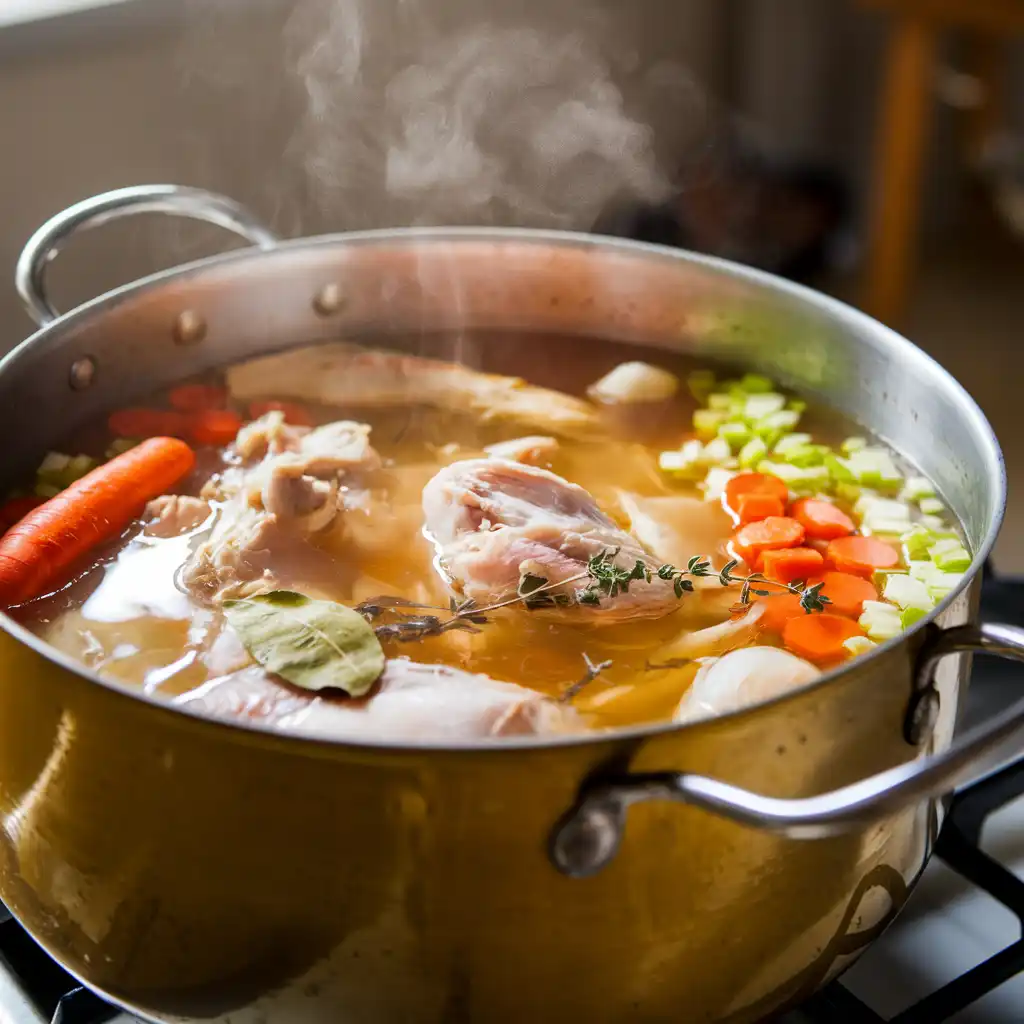 Simmering homemade chicken broth with vegetables and herbs, showcasing the slow-cooking process for rich flavor