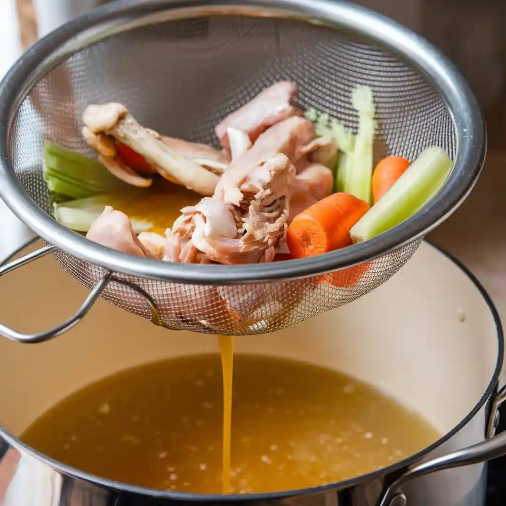 Straining homemade chicken broth through a fine-mesh sieve, highlighting the clear, golden liquid and nutrient-rich results.