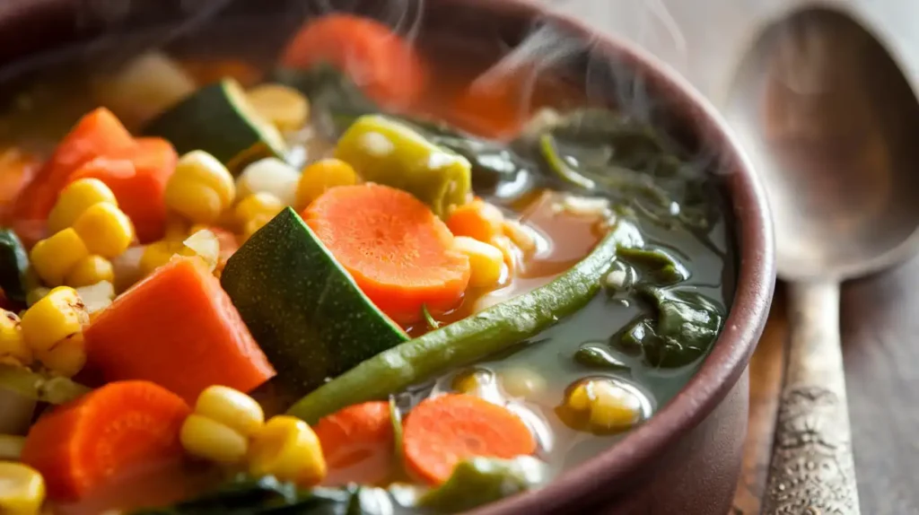 "Easy vegetable soup final dish with vibrant vegetables and broth, served in a rustic bowl. Perfect for a comforting meal. "