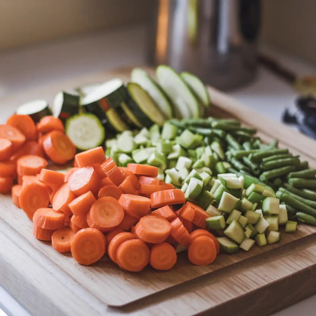 Chopped fresh vegetables for easy vegetable soup, including carrots, zucchini, and green beans, prepped for cooking.