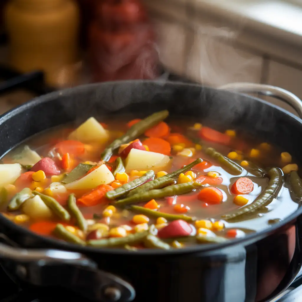 "Simmering easy vegetable soup on the stove with vibrant vegetables and steaming broth.







"