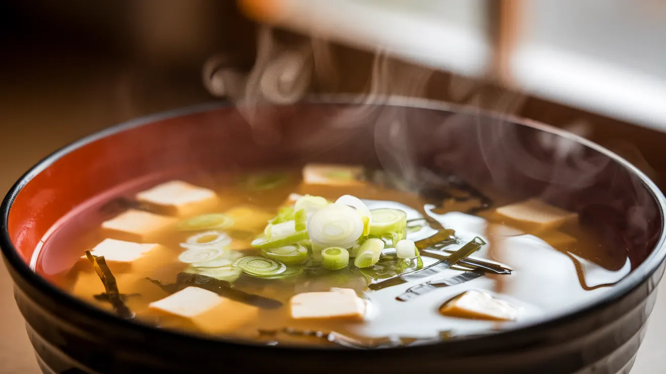 A close-up of a steaming bowl of Japanese soup with tofu, green onions, and seaweed in a rich miso broth.